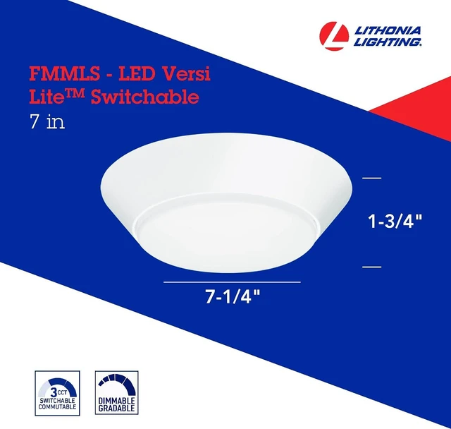 Alt view image 3 of 7 - Lithonia Lighting Versi Lite LED Flush Mount Ceiling Light, 3-In-1 Switchable White Light, Dimmable LED Lights for Bedroom, Bathroom, Hallway, 7" Round, White