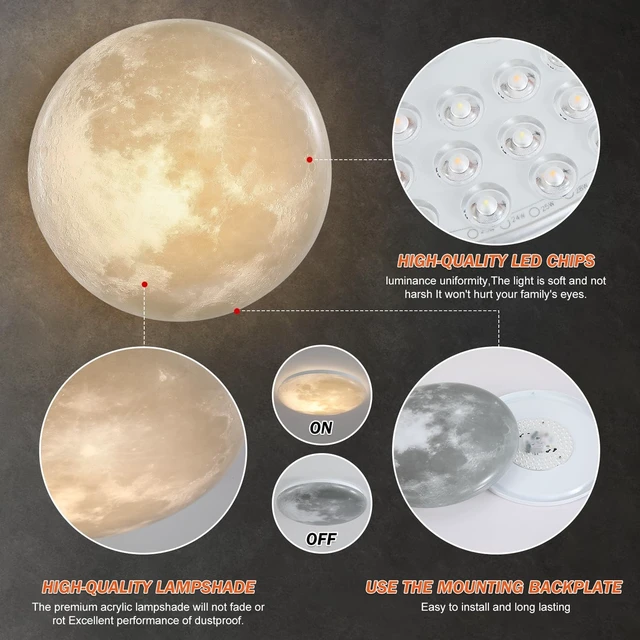 Alt view image 4 of 7 - Flush Mount Fixture Ceiling Light 15" 3D Moon Surface 5CCT Adjustable 30W LED for Bedroom, Nursery