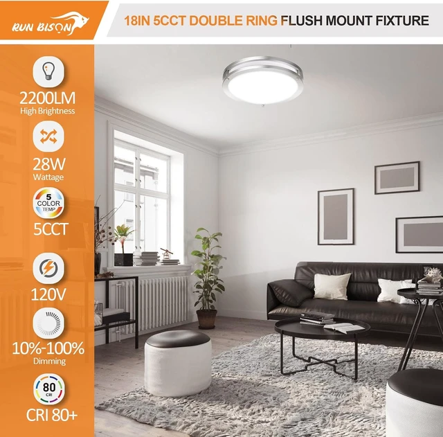 Alt view image 2 of 6 - 18IN Double Ring LED Flush Mount Ceiling Light Fixture, 28W, 2200LM, with 5CCT 2700K-5000K Adjustable, Dimmable Modern Ceiling Light for Bedroom, Kitchen, ETL Listed - 1PK