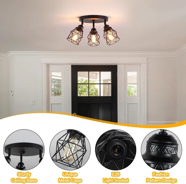 Alt view image 2 of 7 - Kitchen Light Fixtures Ceiling Mount, Adjustable Semi Flush Mount Ceiling Light, Multi-Directional Lamp for Kitchen, Hallway, Dining Room, Farmhouse with E26 Base (Black)