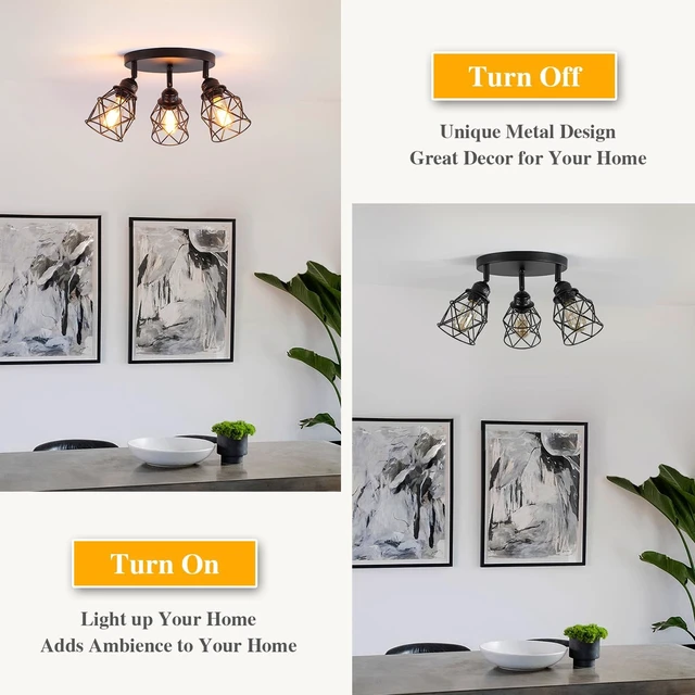 Alt view image 4 of 7 - Kitchen Light Fixtures Ceiling Mount, Adjustable Semi Flush Mount Ceiling Light, Multi-Directional Lamp for Kitchen, Hallway, Dining Room, Farmhouse with E26 Base (Black)