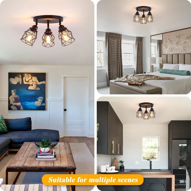 Alt view image 5 of 7 - Kitchen Light Fixtures Ceiling Mount, Adjustable Semi Flush Mount Ceiling Light, Multi-Directional Lamp for Kitchen, Hallway, Dining Room, Farmhouse with E26 Base (Black)