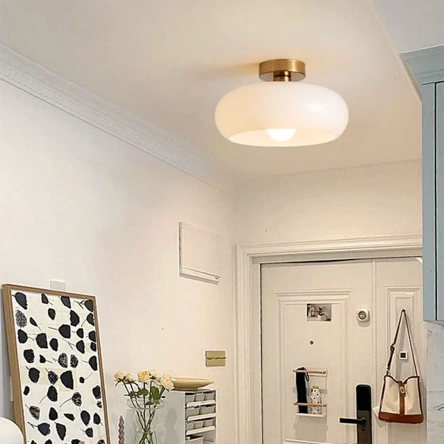 Alt view image 2 of 5 - Nordic Vintage Ceiling Light Fixture Denmark Mid Century Modern Nostalgia Semi Flush Mount Ceiling Light with Orange White Glass Shade for Restaurant Cafe Loft Bedroom Hallway 10.6inch