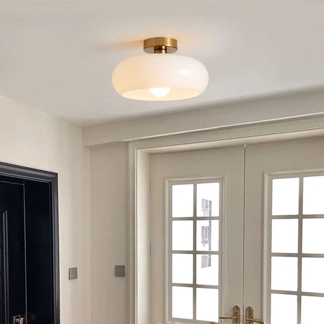 Alt view image 3 of 5 - Nordic Vintage Ceiling Light Fixture Denmark Mid Century Modern Nostalgia Semi Flush Mount Ceiling Light with Orange White Glass Shade for Restaurant Cafe Loft Bedroom Hallway 10.6inch