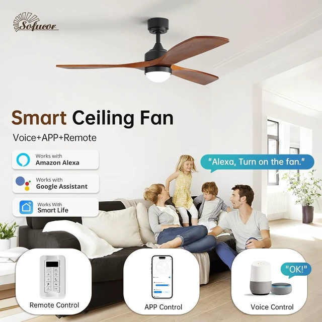 Alt view image 2 of 7 - Sofucor 52" Smart Ceiling Fan with Lights and Remote Solid Wood