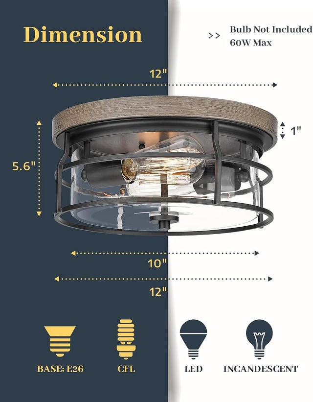 Alt view image 4 of 7 - EAPUDUN 2-Light Flush Mount Ceiling Light Fixture, 12inch Farmhouse Vintage Close to Ceiling Lights with Clear Glass for Kitchen Bedroom Foyer Hallway Stairway Entryway, FMA1414-FBDT