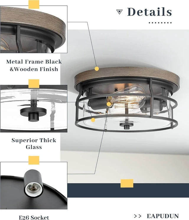 Alt view image 5 of 7 - EAPUDUN 2-Light Flush Mount Ceiling Light Fixture, 12inch Farmhouse Vintage Close to Ceiling Lights with Clear Glass for Kitchen Bedroom Foyer Hallway Stairway Entryway, FMA1414-FBDT