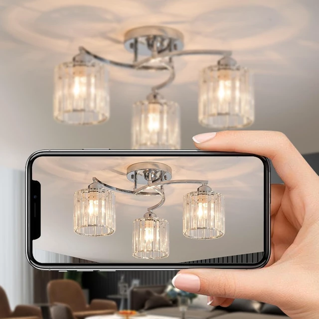 Alt view image 7 of 7 - Silver Crystal Chandelier, 3 Lights Ceiling Light, Modern Lighting Fixture for Living Room,Dining Room,Bedroom