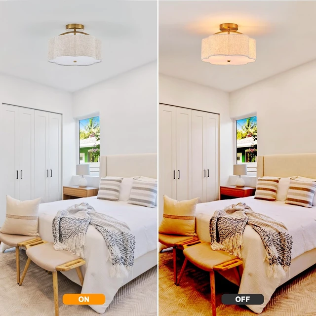 Alt view image 5 of 7 - 13.78" Gold Semi Flush Mount Ceiling Light, 3-Light Linen Fixture