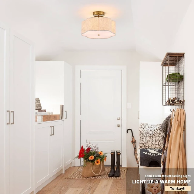 Alt view image 6 of 7 - 13.78" Gold Semi Flush Mount Ceiling Light, 3-Light Linen Fixture