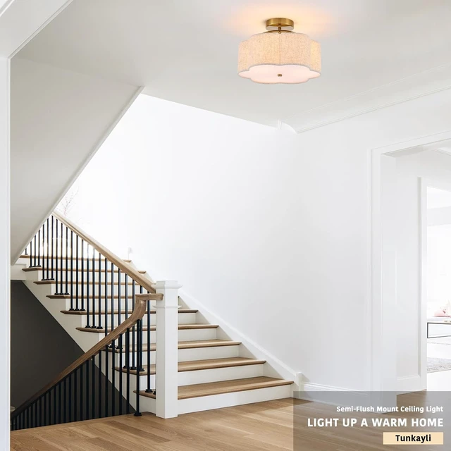 Alt view image 7 of 7 - 13.78" Gold Semi Flush Mount Ceiling Light, 3-Light Linen Fixture