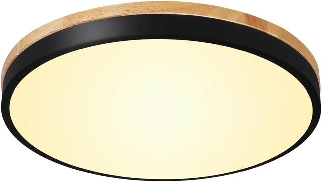 Main image of 12 Inch Wood LED Flush Mount Ceiling Light Fixtures 5CCT 2700-5000K 24W Dimmable | Overhead Light | Round | Black | Ceiling Lamp | Bathroom | Bedroom | Kitchen | Hallway | Laundry Room
