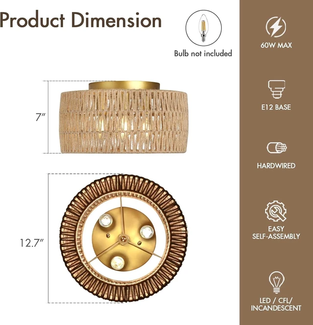 Alt view image 2 of 7 - Boho Light Ceiling Fixture Flush Mount Rattan Woven Basket Chandelier for Bedroom Living Room Dining Kitchen, Modern Gold Wicker Lamp for Hallway Entryway Coastal Farmhouse