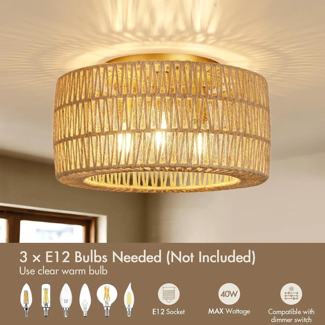 Alt view image 3 of 7 - Boho Light Ceiling Fixture Flush Mount Rattan Woven Basket Chandelier for Bedroom Living Room Dining Kitchen, Modern Gold Wicker Lamp for Hallway Entryway Coastal Farmhouse