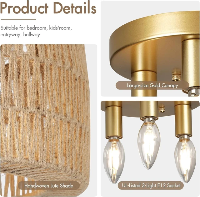 Alt view image 4 of 7 - Boho Light Ceiling Fixture Flush Mount Rattan Woven Basket Chandelier for Bedroom Living Room Dining Kitchen, Modern Gold Wicker Lamp for Hallway Entryway Coastal Farmhouse