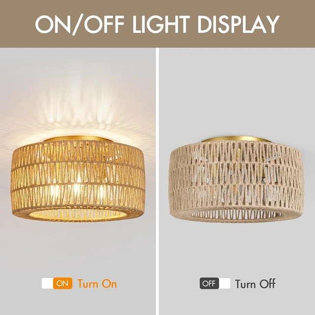 Alt view image 5 of 7 - Boho Light Ceiling Fixture Flush Mount Rattan Woven Basket Chandelier for Bedroom Living Room Dining Kitchen, Modern Gold Wicker Lamp for Hallway Entryway Coastal Farmhouse