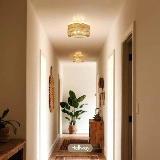 Alt view image 6 of 7 - Boho Light Ceiling Fixture Flush Mount Rattan Woven Basket Chandelier for Bedroom Living Room Dining Kitchen, Modern Gold Wicker Lamp for Hallway Entryway Coastal Farmhouse