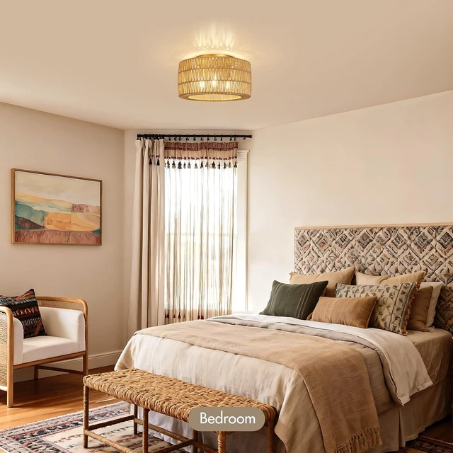 Alt view image 7 of 7 - Boho Light Ceiling Fixture Flush Mount Rattan Woven Basket Chandelier for Bedroom Living Room Dining Kitchen, Modern Gold Wicker Lamp for Hallway Entryway Coastal Farmhouse