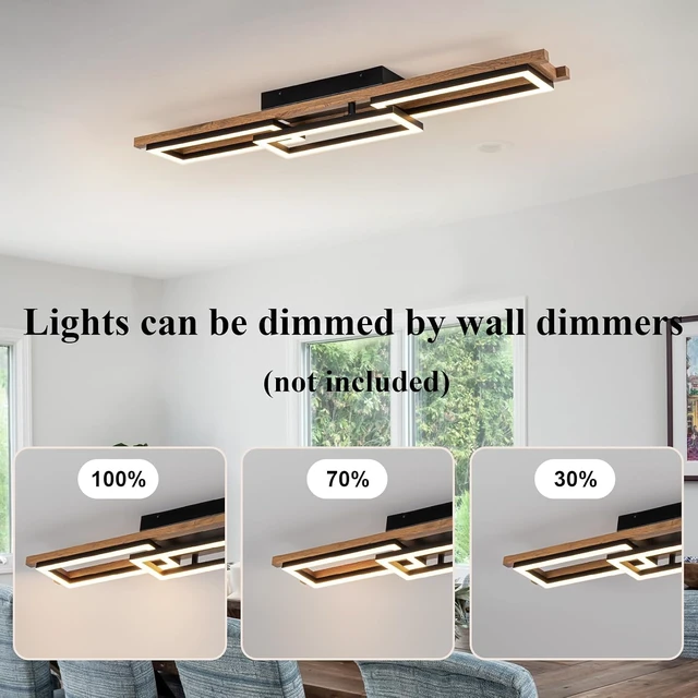 Alt view image 4 of 7 - Lingkai 39.3" LED Modern Ceiling Lights Wooden Square Rectangular Lamp Fixture Wood, Modern Kitchen Ceiling Lighting Fixtures 3000K for Island Bedroom Living Room Hallways