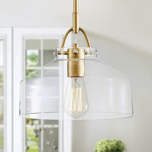 Main image of WUZUPS Chandelier Rustic Farmhouse Industrial Round Ceiling Pendant LED Light Fixture with Clear Glass Shades for Dining Room Kitchen Island Foyer Entryway, H 9.4" x W 10.6", E26 Base, Gold