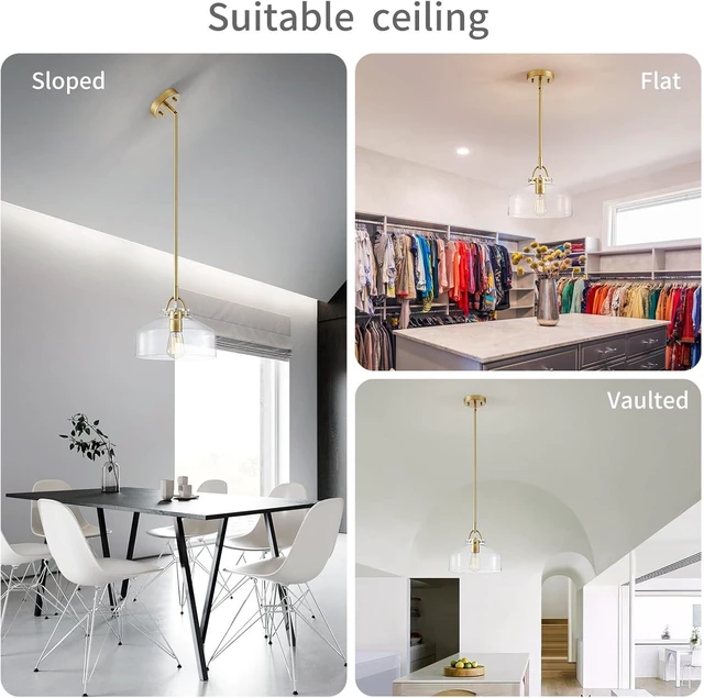 Alt view image 6 of 7 - WUZUPS Chandelier Rustic Farmhouse Industrial Round Ceiling Pendant LED Light Fixture with Clear Glass Shades for Dining Room Kitchen Island Foyer Entryway, H 9.4" x W 10.6", E26 Base, Gold