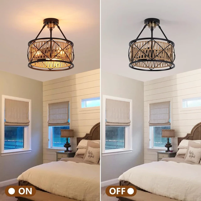 Alt view image 2 of 7 - 3-Light Hand Woven Boho Ceiling Light, Farmhouse Industrial Dual Round Semi Flush Mount Chandelier, Black Gold Rattan Pendant Light for Dining Room Kitchen Bedroom Living Room Foyer Coastal