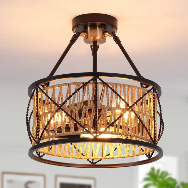 Main image of 3-Light Hand Woven Boho Ceiling Light, Farmhouse Industrial Dual Round Semi Flush Mount Chandelier, Black Gold Rattan Pendant Light for Dining Room Kitchen Bedroom Living Room Foyer Coastal