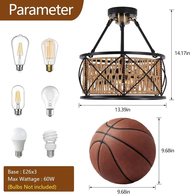 Alt view image 4 of 7 - 3-Light Hand Woven Boho Ceiling Light, Farmhouse Industrial Dual Round Semi Flush Mount Chandelier, Black Gold Rattan Pendant Light for Dining Room Kitchen Bedroom Living Room Foyer Coastal