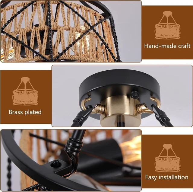 Alt view image 5 of 7 - 3-Light Hand Woven Boho Ceiling Light, Farmhouse Industrial Dual Round Semi Flush Mount Chandelier, Black Gold Rattan Pendant Light for Dining Room Kitchen Bedroom Living Room Foyer Coastal