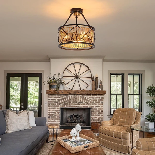 Alt view image 3 of 7 - 3-Light Hand Woven Boho Ceiling Light, Farmhouse Industrial Dual Round Semi Flush Mount Chandelier, Black Gold Rattan Pendant Light for Dining Room Kitchen Bedroom Living Room Foyer Coastal