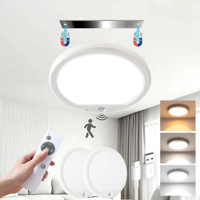 Main image of Rechargeable Motion Sensor Ceiling Light with Remote, Battery Operated Shower Light, Cordless LED Light, 3 Color Dimmable, No Wiring Magnetic Mount for Closet, Stairs, Hallway, 2 Pack