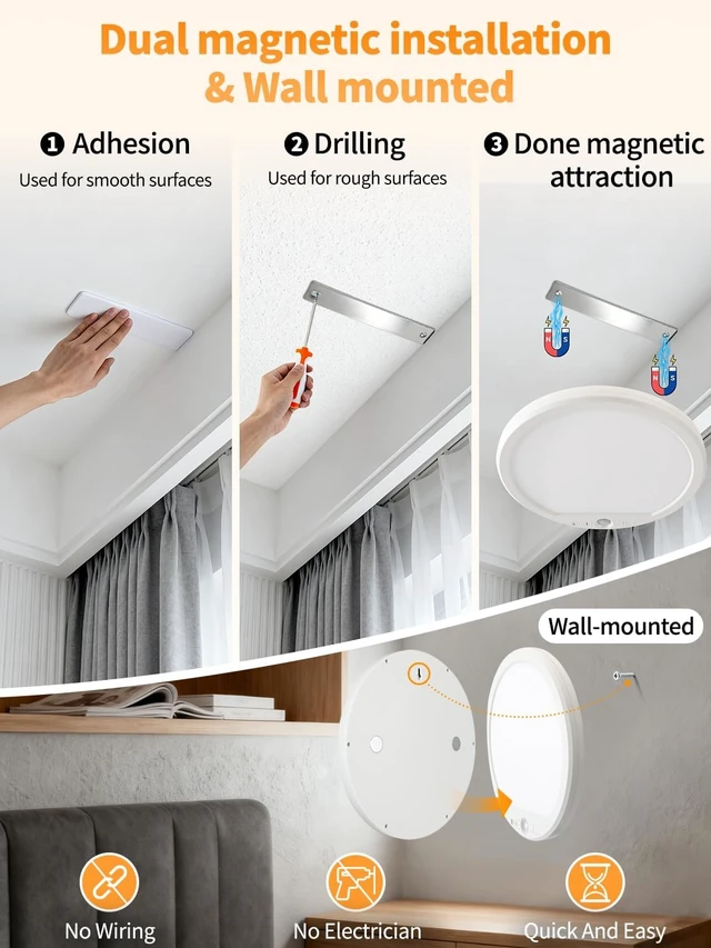 Alt view image 2 of 7 - Rechargeable Motion Sensor Ceiling Light with Remote, Battery Operated Shower Light, Cordless LED Light, 3 Color Dimmable, No Wiring Magnetic Mount for Closet, Stairs, Hallway, 2 Pack