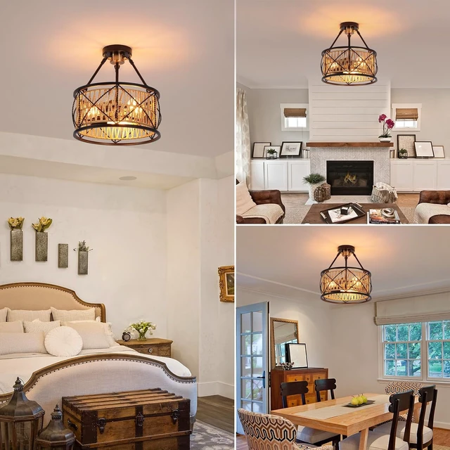 Alt view image 6 of 7 - 3-Light Hand Woven Boho Ceiling Light, Farmhouse Industrial Dual Round Semi Flush Mount Chandelier, Black Gold Rattan Pendant Light for Dining Room Kitchen Bedroom Living Room Foyer Coastal