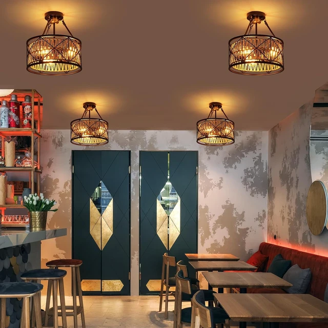 Alt view image 7 of 7 - 3-Light Hand Woven Boho Ceiling Light, Farmhouse Industrial Dual Round Semi Flush Mount Chandelier, Black Gold Rattan Pendant Light for Dining Room Kitchen Bedroom Living Room Foyer Coastal