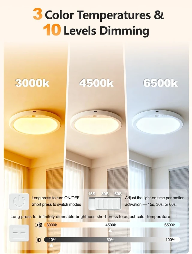 Alt view image 6 of 7 - Rechargeable Motion Sensor Ceiling Light with Remote, Battery Operated Shower Light, Cordless LED Light, 3 Color Dimmable, No Wiring Magnetic Mount for Closet, Stairs, Hallway, 2 Pack