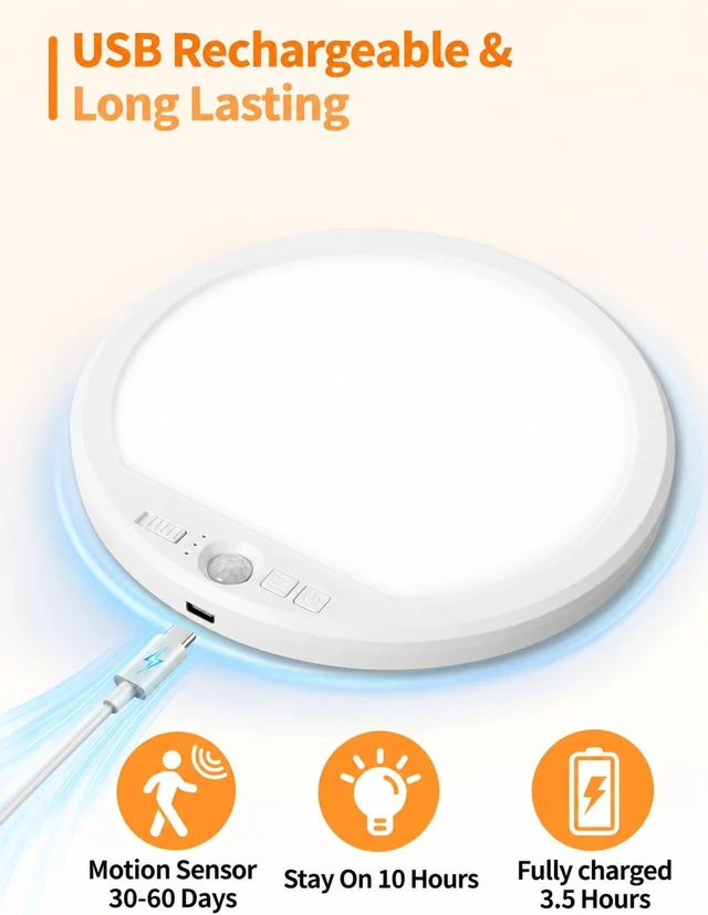 Alt view image 5 of 7 - Rechargeable Motion Sensor Ceiling Light with Remote, Battery Operated Shower Light, Cordless LED Light, 3 Color Dimmable, No Wiring Magnetic Mount for Closet, Stairs, Hallway, 2 Pack