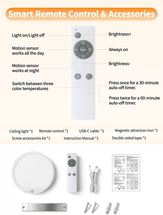 Alt view image 7 of 7 - Rechargeable Motion Sensor Ceiling Light with Remote, Battery Operated Shower Light, Cordless LED Light, 3 Color Dimmable, No Wiring Magnetic Mount for Closet, Stairs, Hallway, 2 Pack