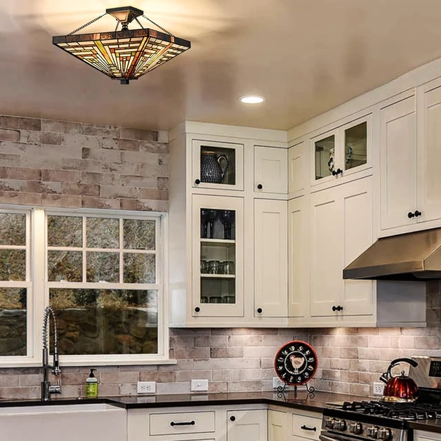Alt view image 2 of 7 - SAMTEEN 3-Light Tiffany Semi Flush Mount Light Stained Glass Light Fixtures