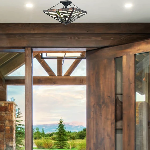Alt view image 4 of 7 - SAMTEEN 3-Light Tiffany Semi Flush Mount Light Stained Glass Light Fixtures
