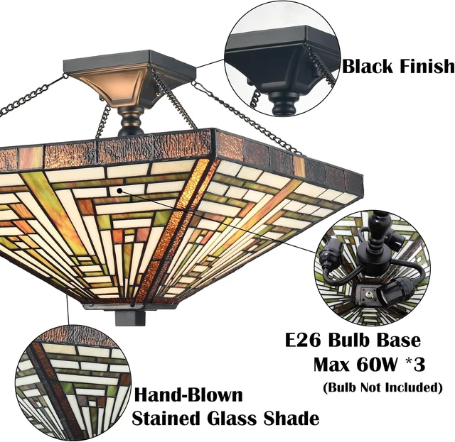 Alt view image 3 of 7 - SAMTEEN 3-Light Tiffany Semi Flush Mount Light Stained Glass Light Fixtures