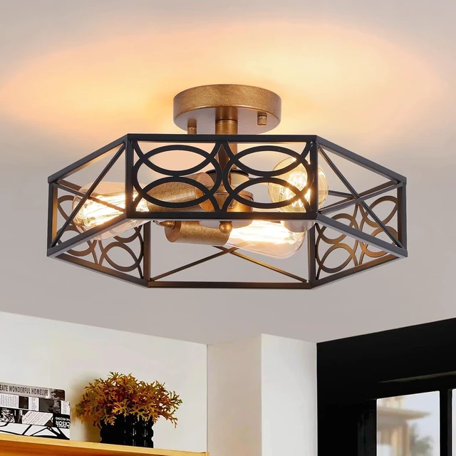Main image of Industrial Semi Flush Mount Ceiling Light Fixture, Retro Gold Close to Ceiling Light with Black Metal Hexagon Cage, Vintage Farmhouse 3-Light Ceiling Lamp for Kitchen, Hallway, Bathroom