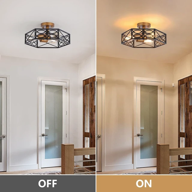 Alt view image 3 of 7 - Industrial Semi Flush Mount Ceiling Light Fixture, Retro Gold Close to Ceiling Light with Black Metal Hexagon Cage, Vintage Farmhouse 3-Light Ceiling Lamp for Kitchen, Hallway, Bathroom