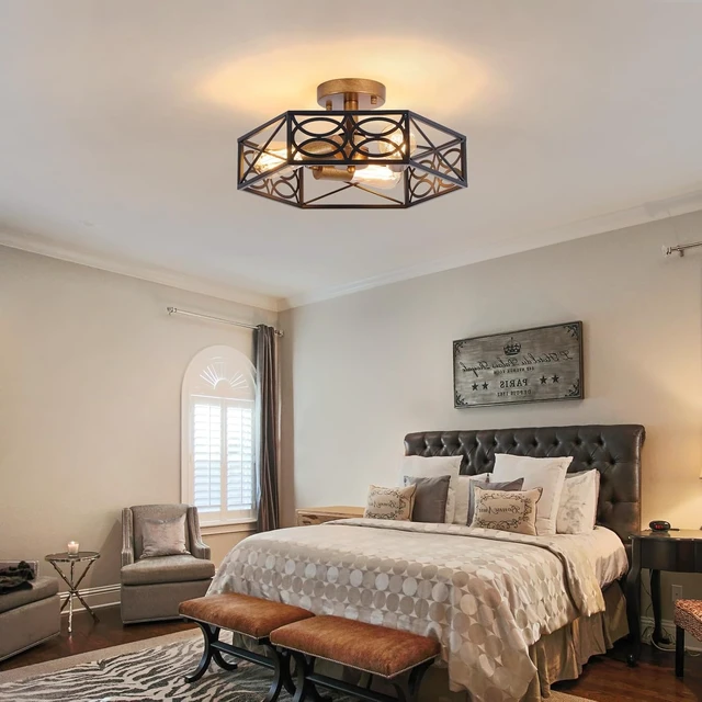 Alt view image 4 of 7 - Industrial Semi Flush Mount Ceiling Light Fixture, Retro Gold Close to Ceiling Light with Black Metal Hexagon Cage, Vintage Farmhouse 3-Light Ceiling Lamp for Kitchen, Hallway, Bathroom