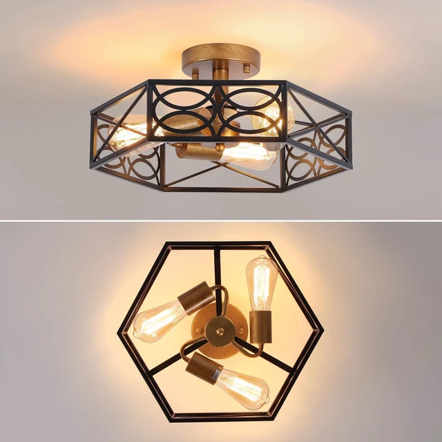 Alt view image 2 of 7 - Industrial Semi Flush Mount Ceiling Light Fixture, Retro Gold Close to Ceiling Light with Black Metal Hexagon Cage, Vintage Farmhouse 3-Light Ceiling Lamp for Kitchen, Hallway, Bathroom