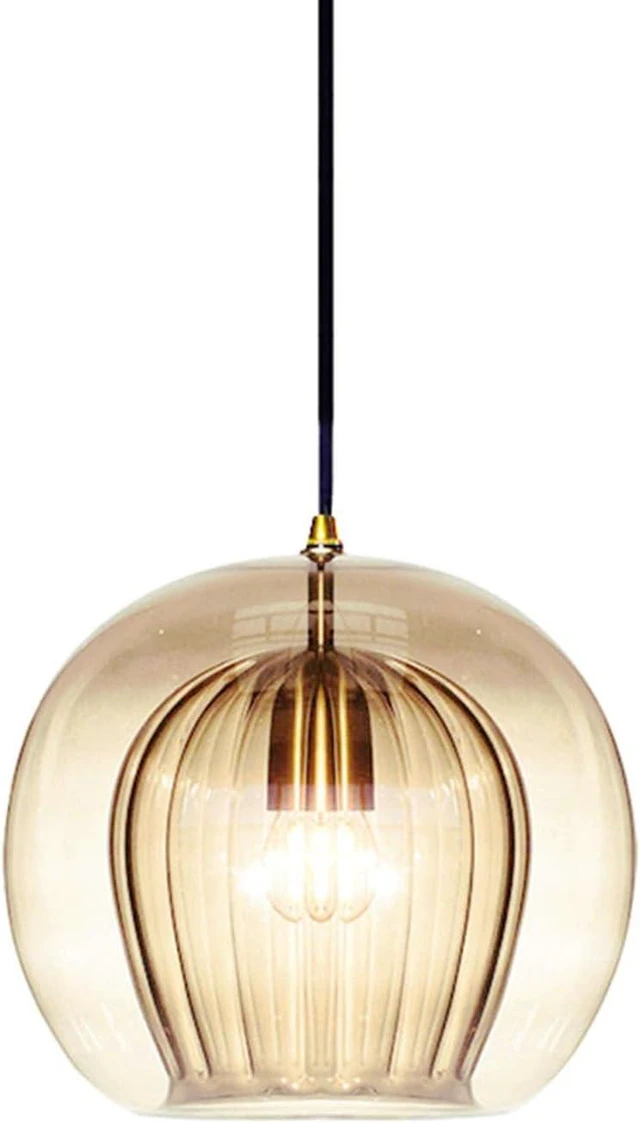 Main image of Stunning Double-Layer Glass Ball Pendant Light in Brass Finish, Retro E27 Loft Bar Globe Ceiling Hanging Lamp Indoor Lighting for Bedroom Dining Room (Amber, 7.9"
