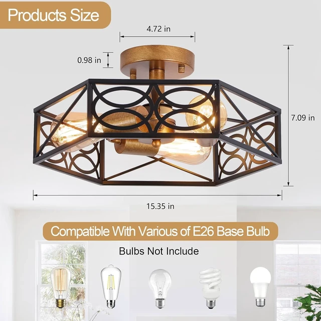 Alt view image 5 of 7 - Industrial Semi Flush Mount Ceiling Light Fixture, Retro Gold Close to Ceiling Light with Black Metal Hexagon Cage, Vintage Farmhouse 3-Light Ceiling Lamp for Kitchen, Hallway, Bathroom