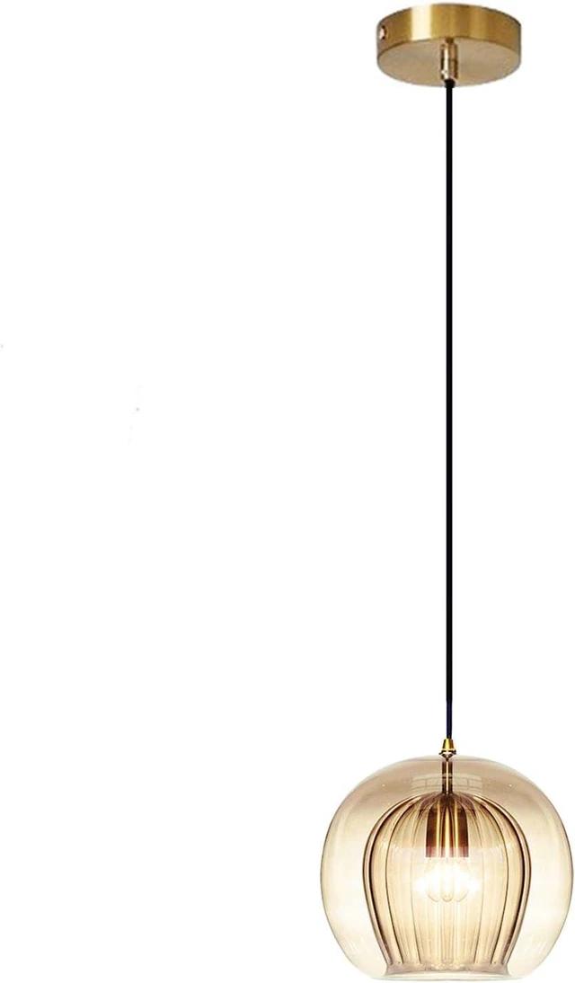 Alt view image 2 of 7 - Stunning Double-Layer Glass Ball Pendant Light in Brass Finish, Retro E27 Loft Bar Globe Ceiling Hanging Lamp Indoor Lighting for Bedroom Dining Room (Amber, 7.9"