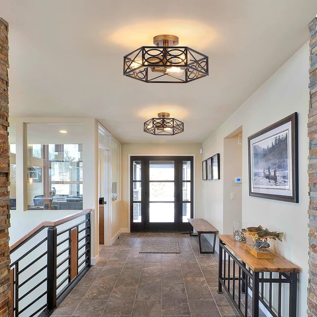Alt view image 7 of 7 - Industrial Semi Flush Mount Ceiling Light Fixture, Retro Gold Close to Ceiling Light with Black Metal Hexagon Cage, Vintage Farmhouse 3-Light Ceiling Lamp for Kitchen, Hallway, Bathroom