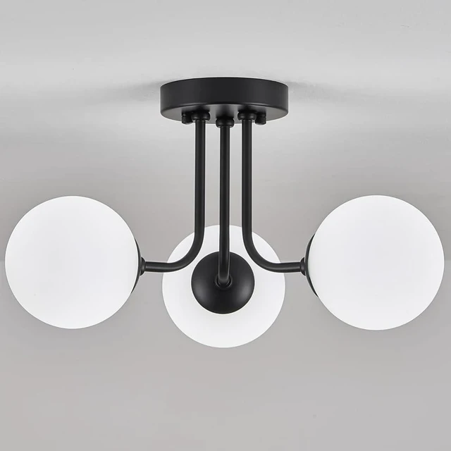 Main image of Mid Century Semi Black Mount Ceiling Light with 3-Light Sputnik Glass Shade