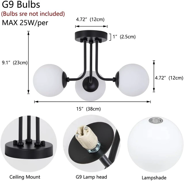 Alt view image 2 of 7 - Mid Century Semi Black Mount Ceiling Light with 3-Light Sputnik Glass Shade